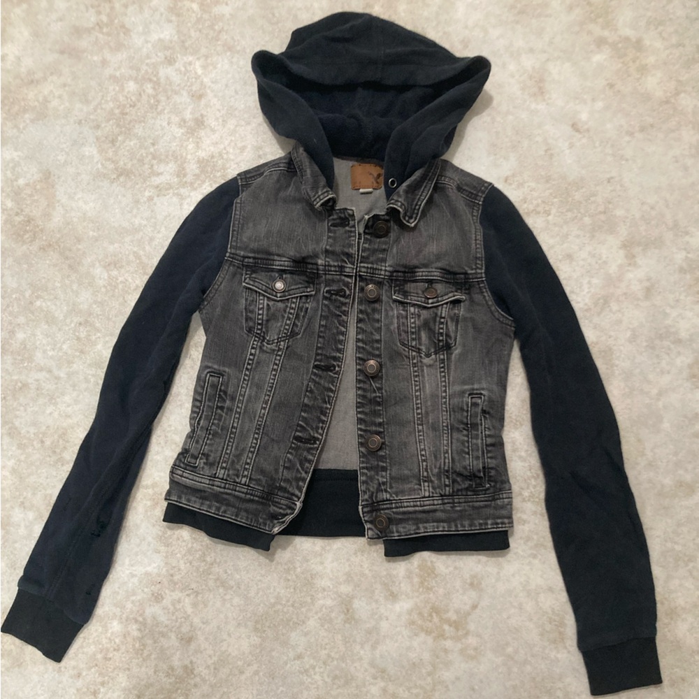 AEO 🦅 Black Denim Vest Sweatshirt Hoodie Jacket - Picture 3 of 11